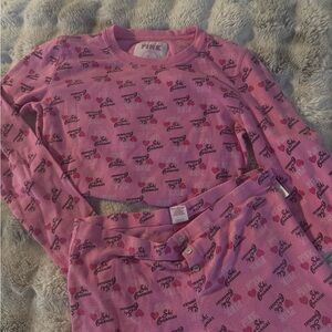 PINK Victoria's Secret Women's Pink Waffle Knit Heart Print Pajama Set